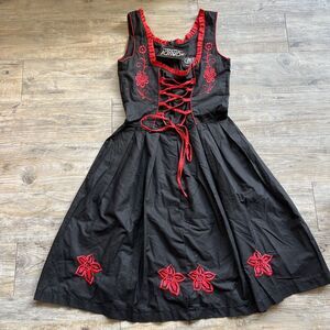 Gaudi Hellblau Dress Size 38 Black Red Ribbon Lace Long Dirndl Dress Corset NWT